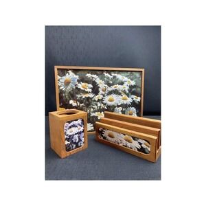 Vintage April House Black Walnut Desk Set‎ Letter Rack Box Pen Holder USA Daisy